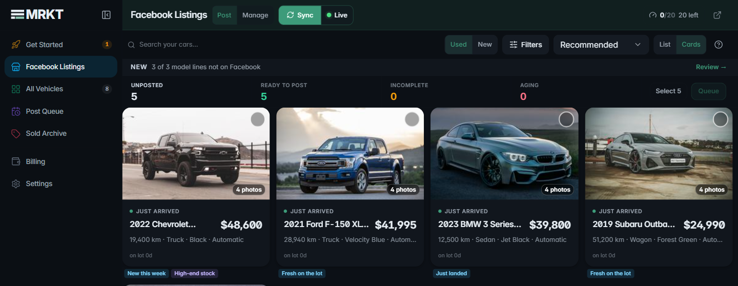 MRKT Manager — your lot, each car written up and ready to post to Facebook Marketplace