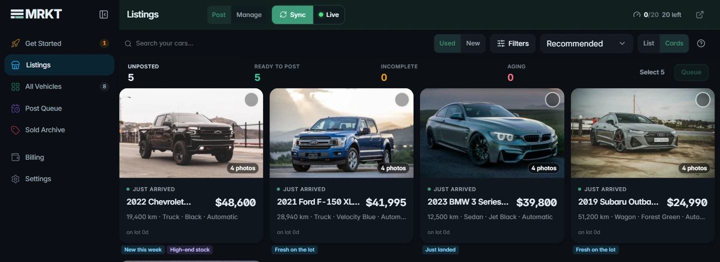 MRKT Manager: the lot, with each car written up and ready to post
